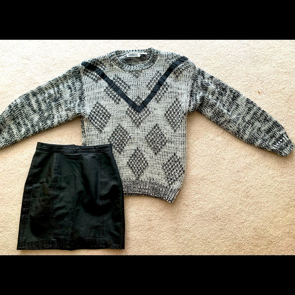 Vintage oversized sweater with leather trim